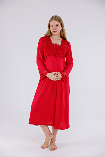 Yulem Homewear Cherry Special Lace Long Sleeve Cotton Full Length Maternity Nightgown-Robe Set of 2
