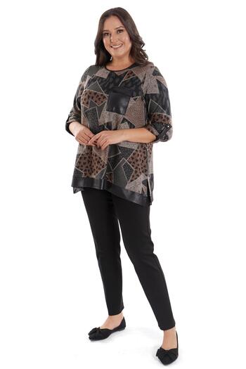 SERTUĞ Trend42Plus Plus Size Geometric Patterned Leather Pocket Khaki Blouse