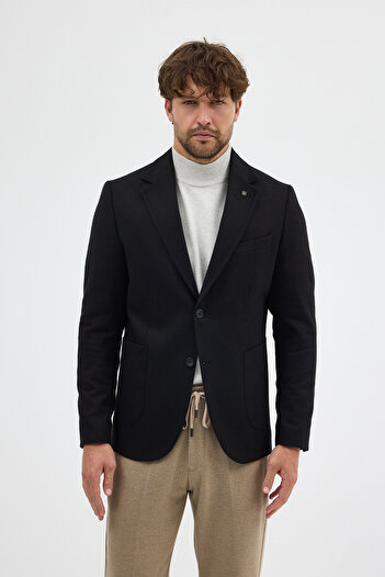 Frappoli Enrica Men's Black Cashmere Fabric Half-Lined Mono Collar Sports Blazer Jacket with Pocket