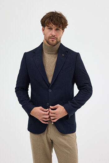 Frappoli Enrica Men's Dark Navy Blue Cashmere Fabric Half-Lined Mono Collar Sports Blazer Jacket with Pocket