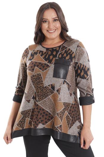 SERTUĞ Trend42Plus Plus Size Geometric Pattern Leather Pocket Brown Blouse