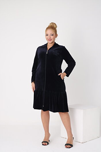 STELLETO Ruffled Embroidery Detailed Collar Long Sleeve Zippered Velvet Plus Size Dress