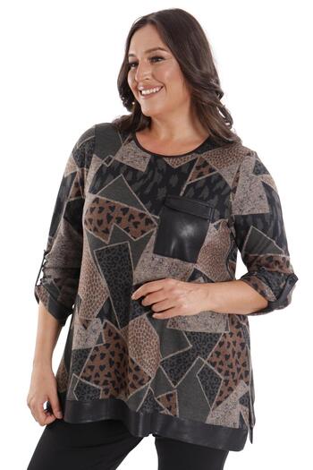 SERTUĞ Trend42Plus Plus Size Geometric Patterned Leather Pocket Khaki Blouse