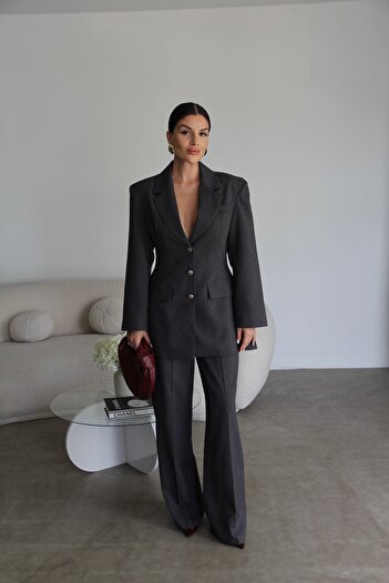 Julidress Anthracite Waist-Fitted Blazer Jacket and Palazzo Pants Bottom Top Premium Set