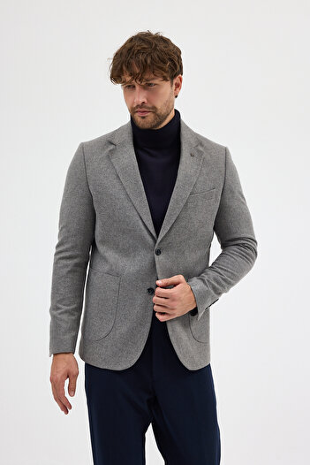 Frappoli Enrica Men's Gray Cashmere Fabric Half-Lined Mono Collar Sports Blazer Jacket with Pocket