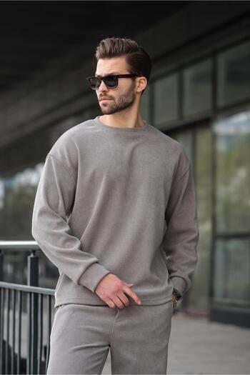 Madmext Painted Gray Crew Neck Men's Velvet Suit E7337