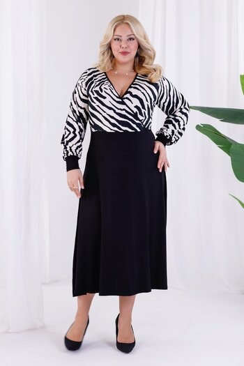 Madwilo Women's Black and White Zebra Pattern Blocky Double Breasted Collar Balloon Sleeve Plus Size Stretchy Maxi Dress