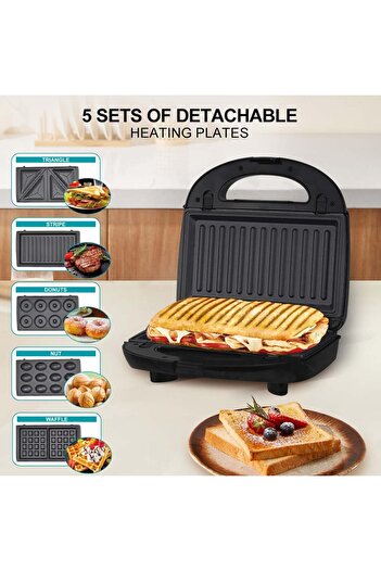 WINNINGSTAR 5-in-1 Electric Sandwich & Waffle Maker with Removable Nonstick Plates, 800W (ST-9396)