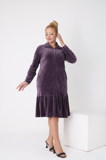 STELLETO Ruffled Embroidery Detailed Collar Long Sleeve Zippered Velvet Plus Size Dress