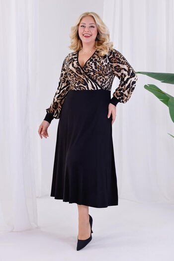 Madwilo Women's Coffee Leopard Print Blocky Double Breasted Neckline Balloon Sleeve Plus Size Stretchy Maxi Dress