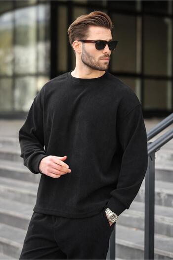 Madmext Black Crew Neck Men's Velvet Suit E7337