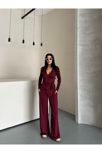 solena sln Women's Burgundy Draped Asymmetrical Cut Side Tie Blouse Pants Modal Set
