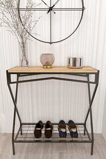 boz concept home Dresuar Metal Ayaklı Çam Ahşap Raflı Dekoratif Çok Amaçlı 2 Raflı Düzenleyici Mutfak Düzenleyici