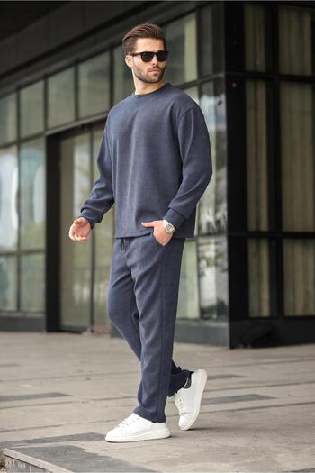 Madmext Navy Blue Crew Neck Men's Velvet Suit E7337