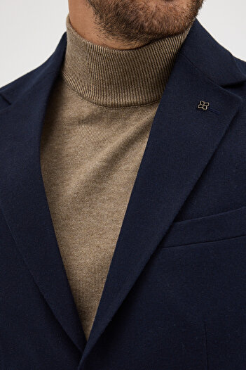 Frappoli Enrica Men's Dark Navy Blue Cashmere Fabric Half-Lined Mono Collar Sports Blazer Jacket with Pocket