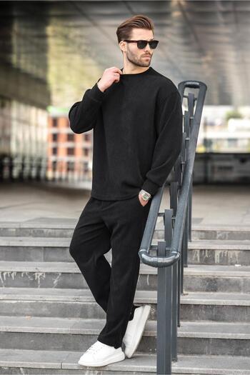 Madmext Black Crew Neck Men's Velvet Suit E7337