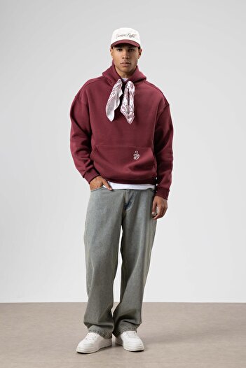 VAMOSCLO Oversize Scarf Detailed Hooded Sweatshirt Burgundy