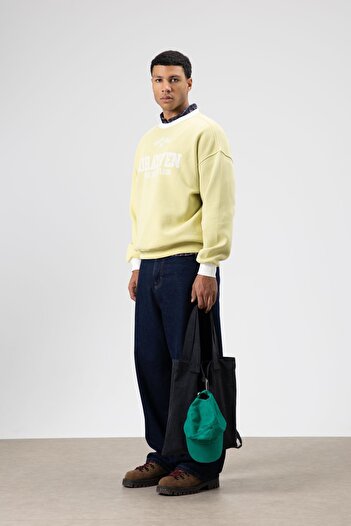 VAMOSCLO Oversize Bisiklet Yaka Baskılı Sweatshirt Sarı