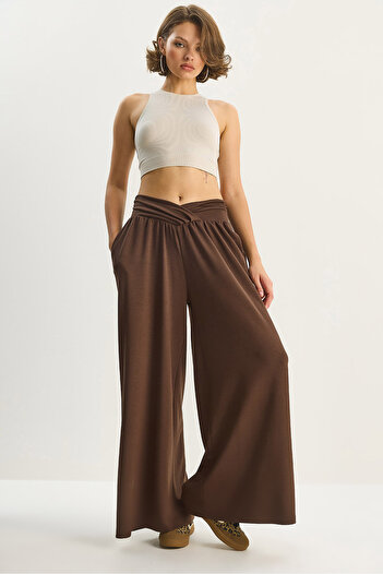 Bianco Lucci Women's Asymmetrical Waist Detailed Pocketed Comfortable Modal Pants 2137 60283657