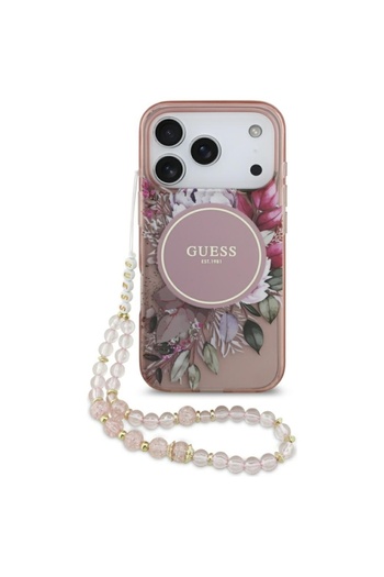 Guess Case for iPhone 17 Pro, IML Flowers with Pearl Strap MagSafe - Pink