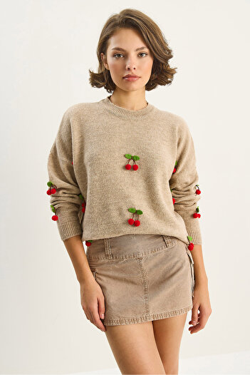 Bianco Lucci Women's Crew Neck Cherry Accessory Regular Knitwear Sweater 60283641