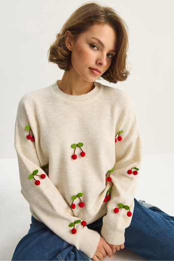 Bianco Lucci Women's Crew Neck Cherry Accessory Regular Knitwear Sweater 60283641