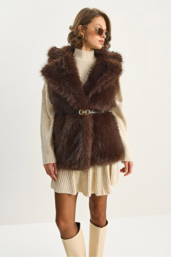 Bianco Lucci Women's Jacket Collar Lined Belted Fur Vest 11155 60281116
