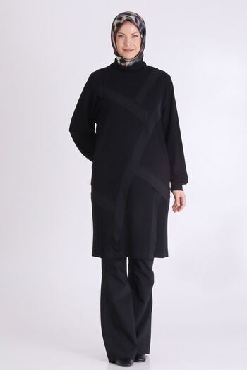 behrem Plus Size Modal Knitwear Fabric Patchwork Detailed Hijab Tunic 20132 Black