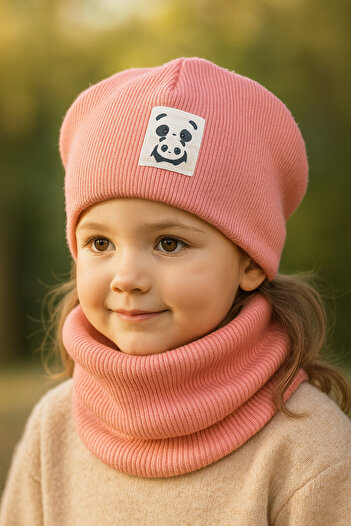 MintTasarımButik Cotton Cashmere Beanie Neck Collar Set for Baby and Child Salmon – Winter Soft Set
