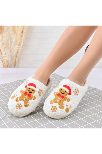 Tmall Women's cotton slippers, With Gingerbread Man, Furry, PD1064, White/Camel