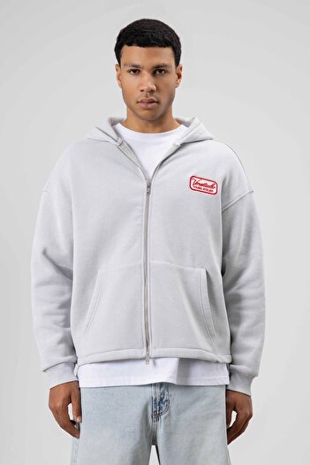 VAMOSCLO Oversize Zippered Hooded Sweatshirt Light Gray