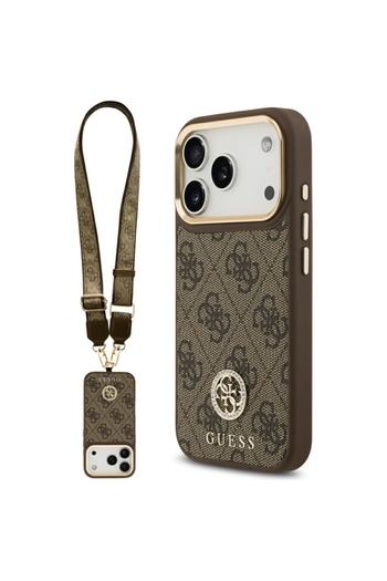 Guess Case for iPhone 17 Pro, 4G Strass Logo with Big Strap Metal Button MagSafe, Slim Protection, Brown