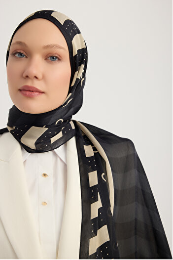 Schaless Rhythmic Geometry - Black - Aurora Patterned Janjan Shawl - 70X190 cm
