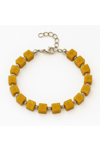 Tesbihane Silver Color Metal Chain Dorika Decorated Cube Cut Mustard Color Natural Drop Amber Men's Bracelet