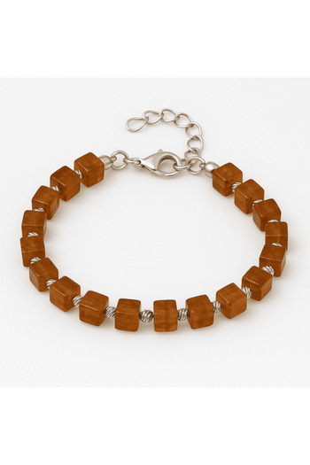 Tesbihane Silver Color Metal Chain Dorica Ball Ornament Cube Cut Honey Color Natural Drop Amber Men's Bracelet