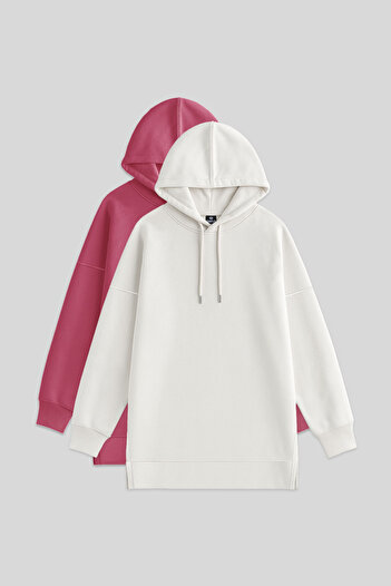 TOMMY LIFE Oversize Hooded 2-Pack Ecru-Wild Rose Women's Tunic Sweatshirt - 97242
