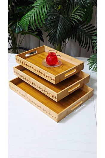 behila Bamboo 3-Layer Rectangular Presentation Tray Coffee Tea Tray
