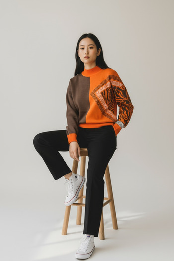 NEWCO Half-Throated Patterned Knitwear Sweater – Stylish Model with Geometric and Zebra Pattern Combination