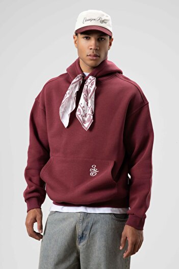 VAMOSCLO Oversize Scarf Detailed Hooded Sweatshirt Burgundy