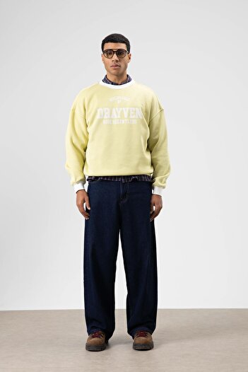 VAMOSCLO Oversize Bisiklet Yaka Baskılı Sweatshirt Sarı