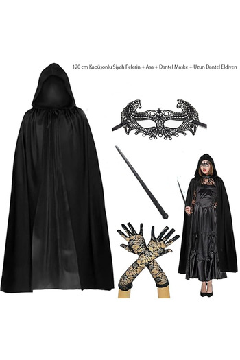 Eco Lounge 120cm Hooded Black Cloak + Staff + Lace Mask + Long Lace Black Gloves Costume Set