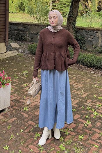 lamelif Knitwear Peplum Cardigan Bitter Brown