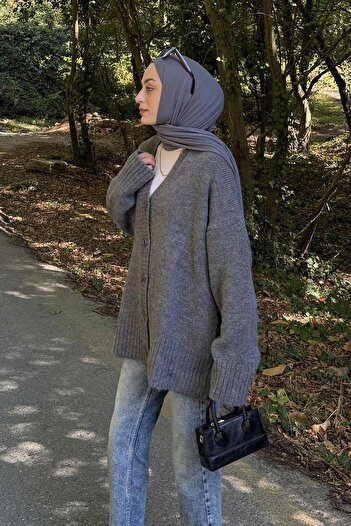 lamelif Casual Textured Basic Cardigan Anthracite