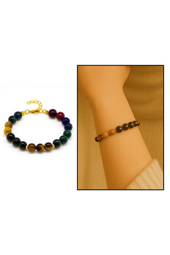 Tesbihane Gold Color Metal Chain Sphere Cut Multi Tiger Eye Natural Stone Combination Women's Energy Bracelet