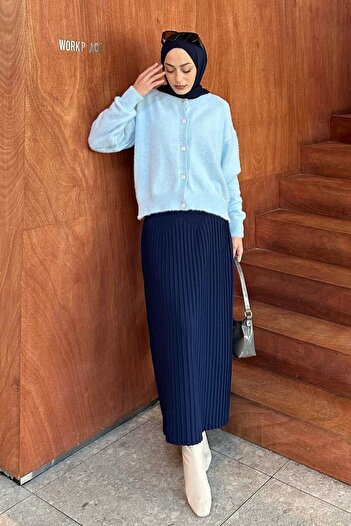 lamelif Bearded Basic Cardigan Blue