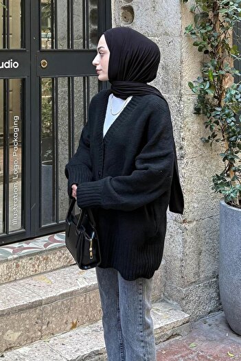 lamelif Casual Textured Basic Cardigan Black