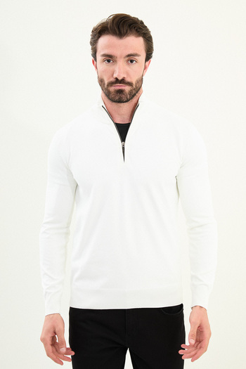 Mcr Plain Slim Fit Zippered Half Fisherman Men's Knitwear Sweater Ecru - 11561.25K