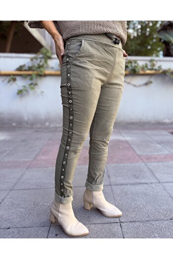 DenizEge Italian Eyelet Stripe Trousers Khaki