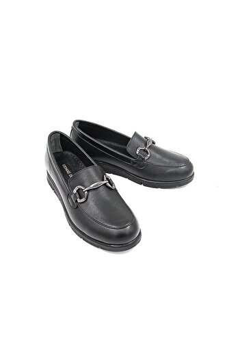 De Scario 449 Leather Buckle Detailed Women's Loafer Shoes - Black