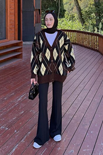 lamelif Crew Neck Short Cardigan Chocolate Brown